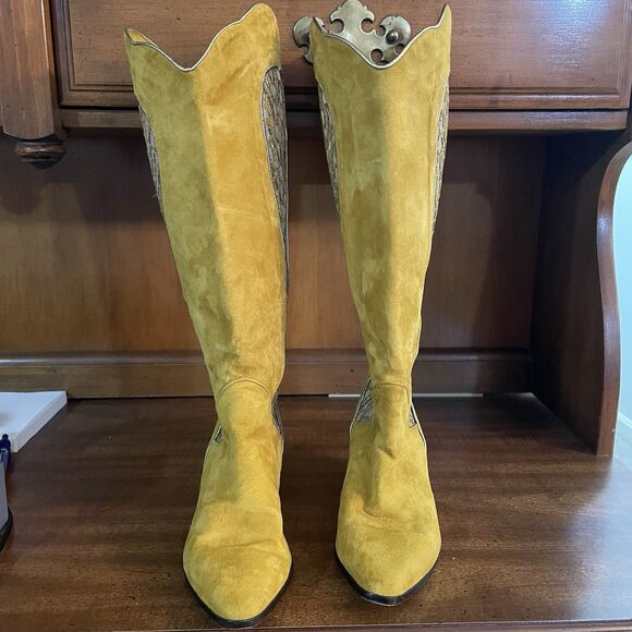 Vintage Andrea Borgini Suede Cowgirl Boots Gold Sheer 80s 90s Italy Sz 6 Western - Picture 2 of 16